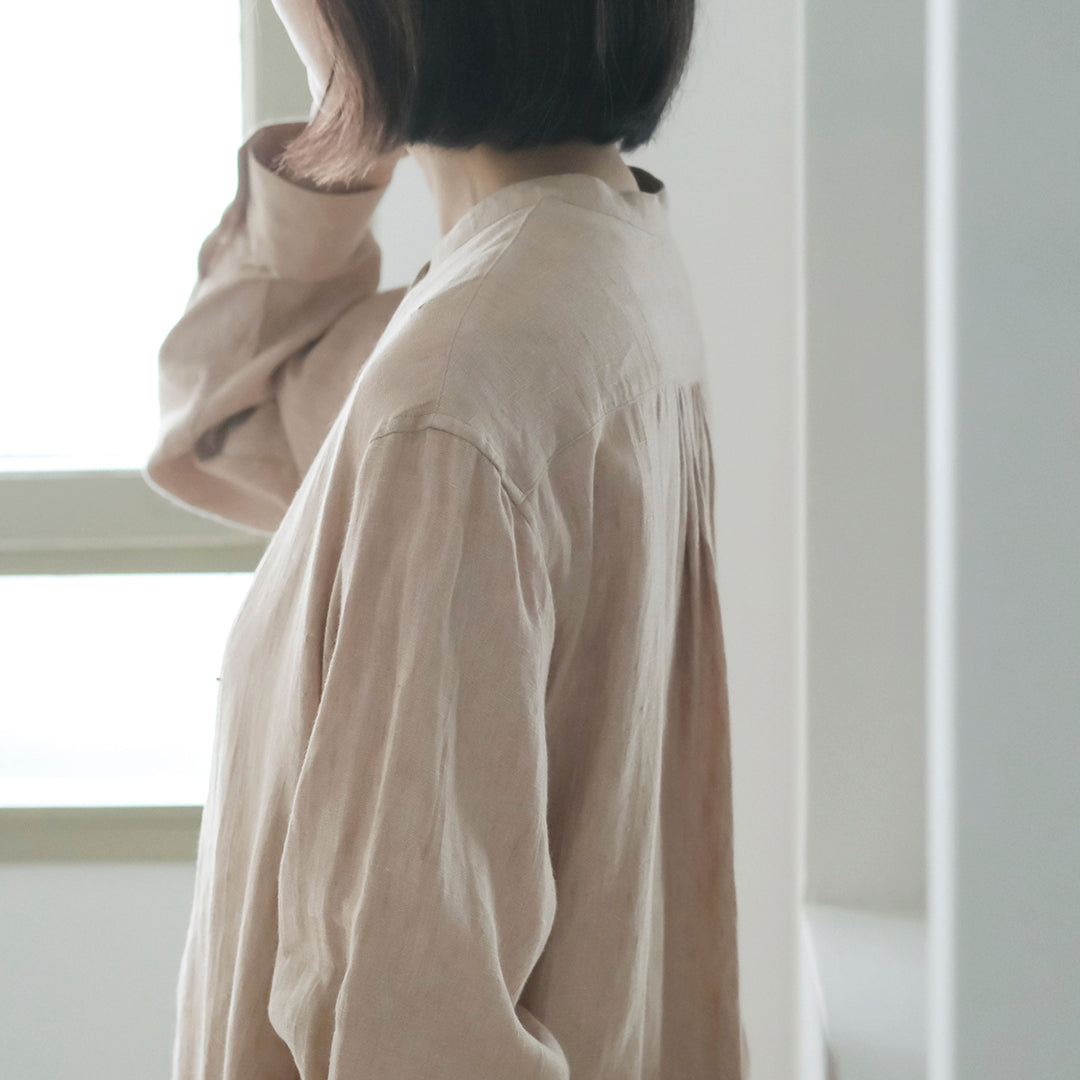 SALUÉ／バンドカラー長袖シャツドレス／ミッドウェイトリネン
