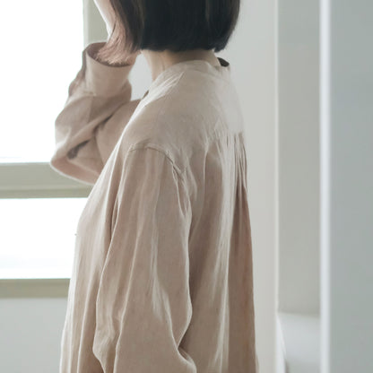 SALUÉ／バンドカラー長袖シャツドレス／ミッドウェイトリネン