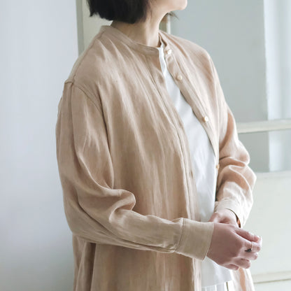 SALUÉ／バンドカラー長袖シャツドレス／ミッドウェイトリネン