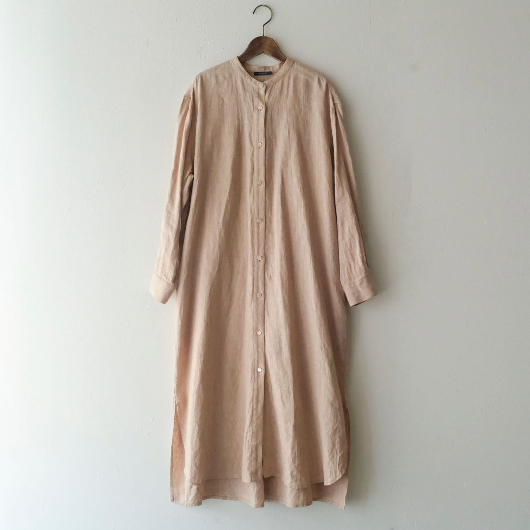 SALUÉ／バンドカラー長袖シャツドレス／ミッドウェイトリネン