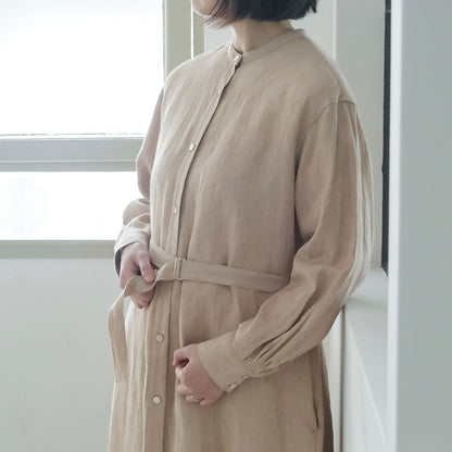 SALUÉ／バンドカラー長袖シャツドレス／ミッドウェイトリネン