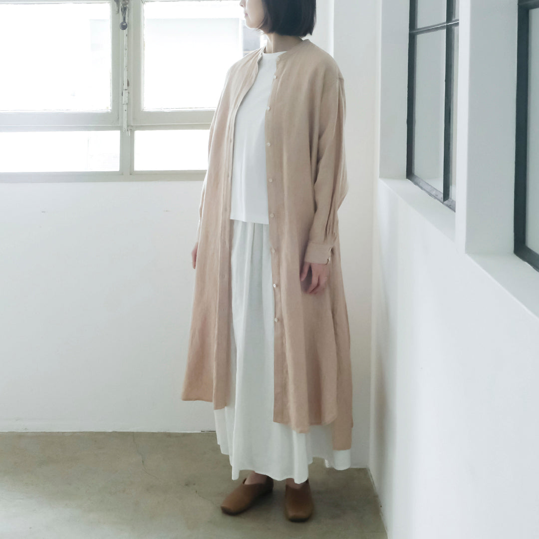SALUÉ／バンドカラー長袖シャツドレス／ミッドウェイトリネン