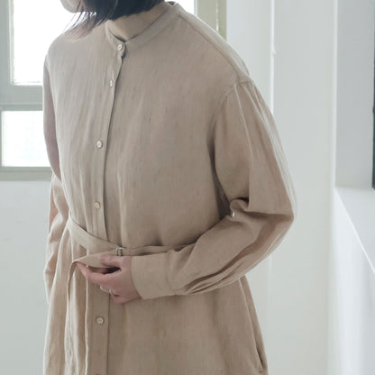 SALUÉ／バンドカラー長袖シャツドレス／ミッドウェイトリネン