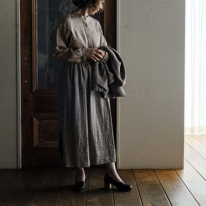 SALUÉ／ワンサイドスリットロングスカート／ヘリンボーンリネン