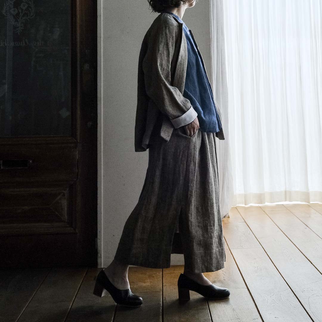 SALUÉ／ワンサイドスリットロングスカート／ヘリンボーンリネン