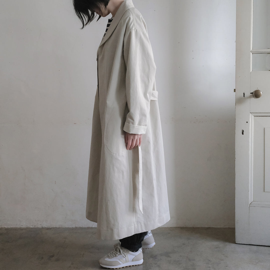 SALUÉ／ショールカラースリットコート／コットンリネンカルゼ