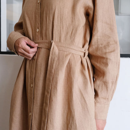 SALUÉ／バンドカラー長袖シャツドレス／ミッドウェイトリネン