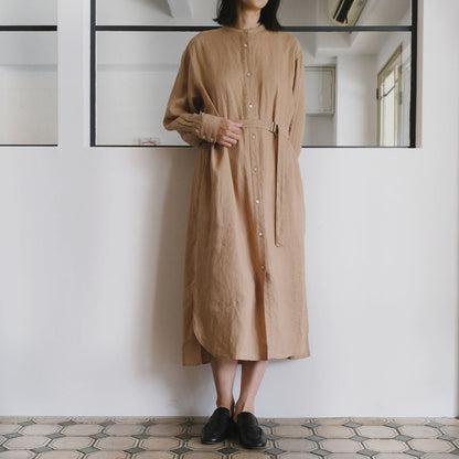 SALUÉ／バンドカラー長袖シャツドレス／ミッドウェイトリネン