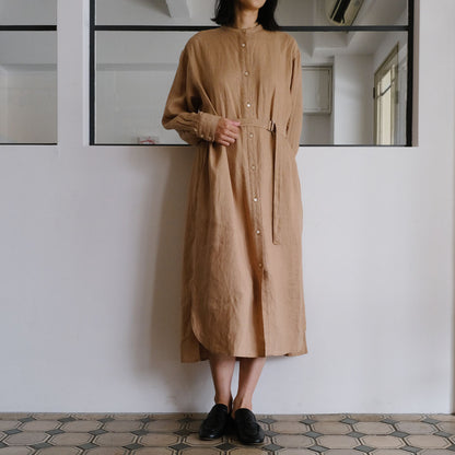 SALUÉ／バンドカラー長袖シャツドレス／ミッドウェイトリネン
