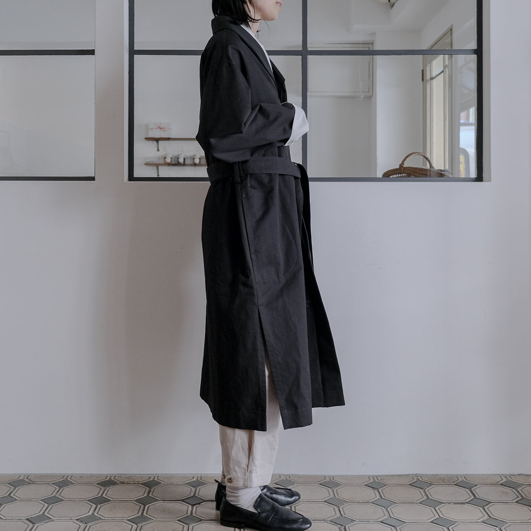 SALUÉ／ショールカラースリットコート／コットンリネンカルゼ