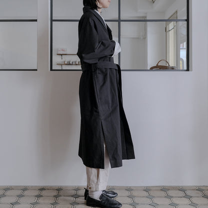 SALUÉ／ショールカラースリットコート／コットンリネンカルゼ